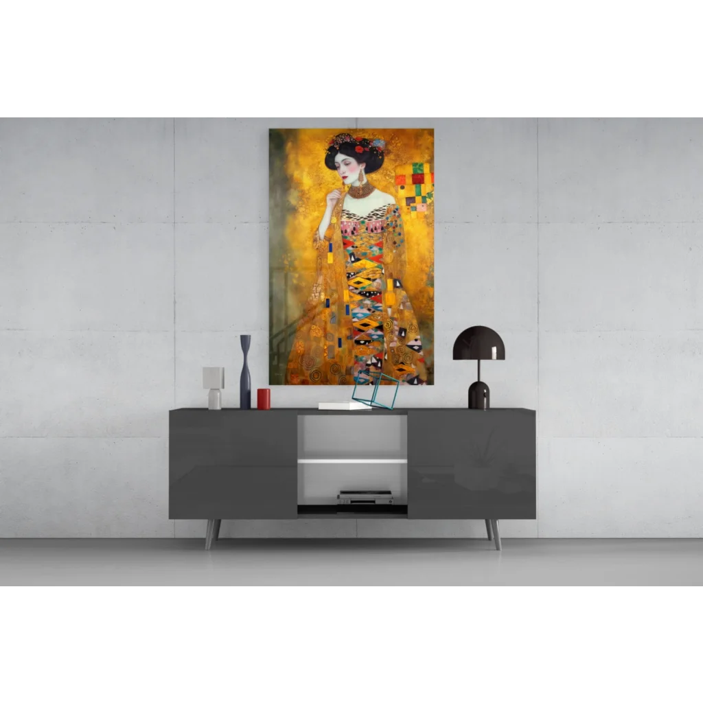 Vibrant gold ochre abstract woman portrait on glass wall art print