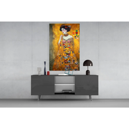 Vibrant gold ochre abstract woman portrait on glass wall art print