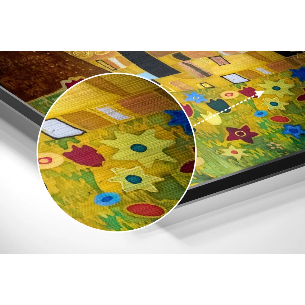 Vibrant Klimt garden print on brushed aluminium dibond