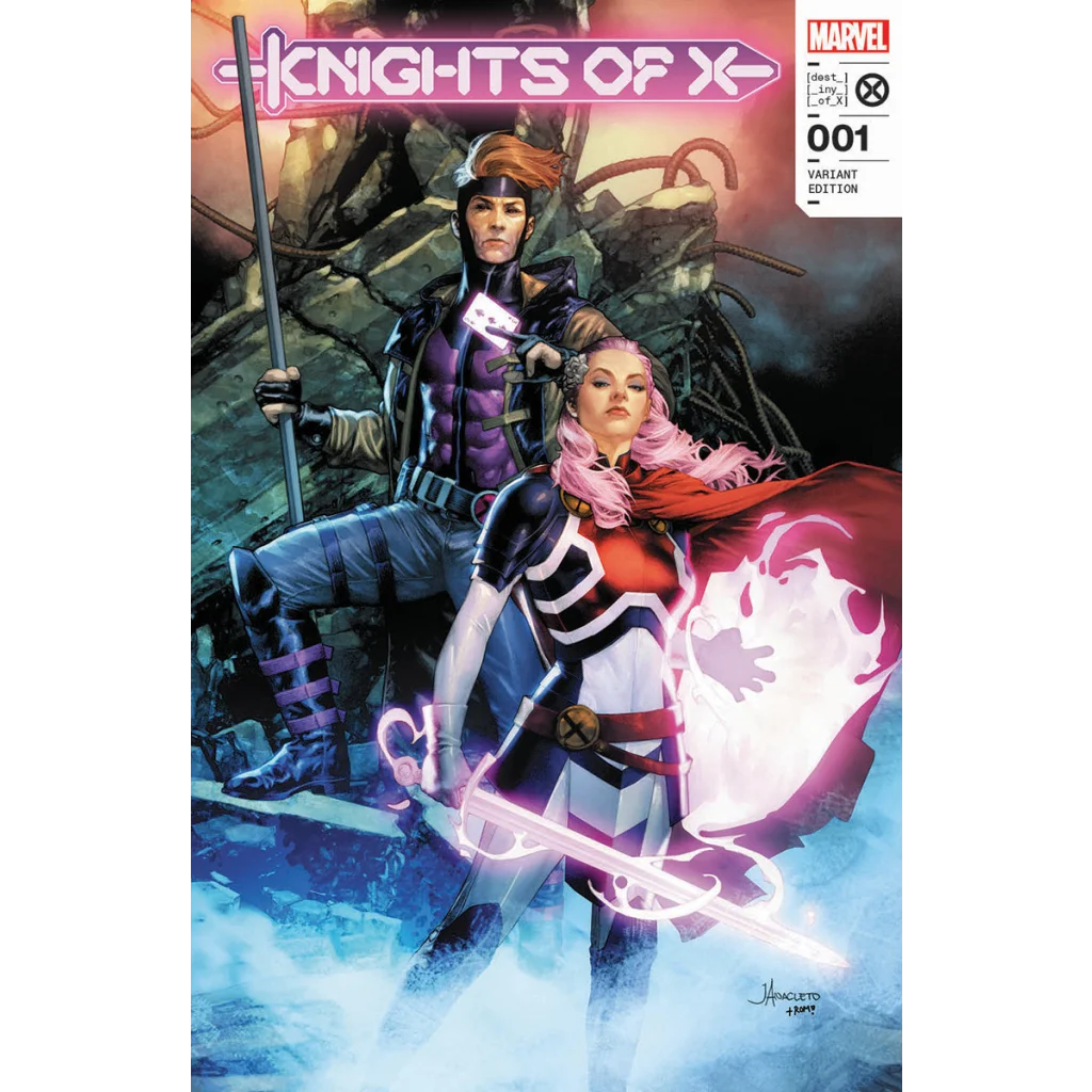 Comic book with male and female heroes in neon-lit title for Knights of X Adventure