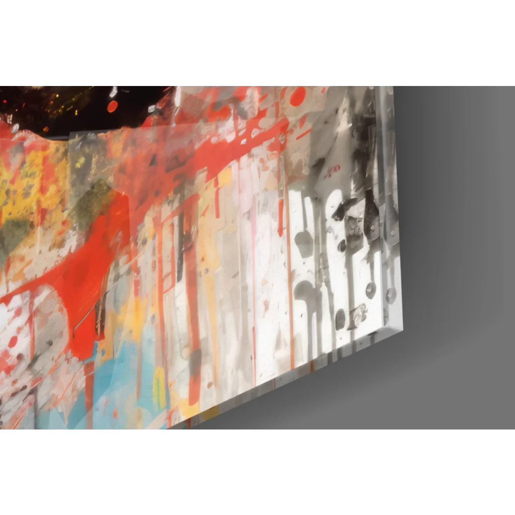 Abstract red orange blue splashes on textured white canvas wall art with black accents