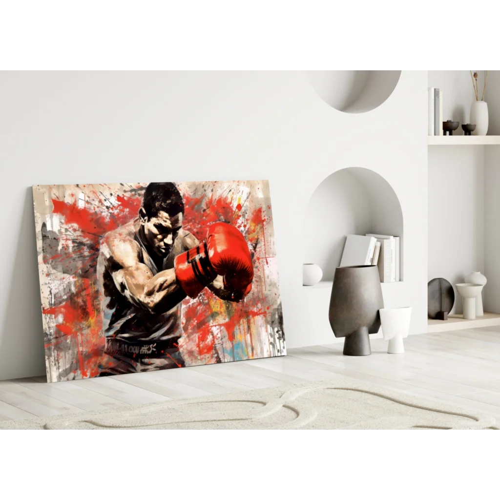 Vibrant red boxing glove on canvas wall art of boxer mid-punch with orange gray splashes