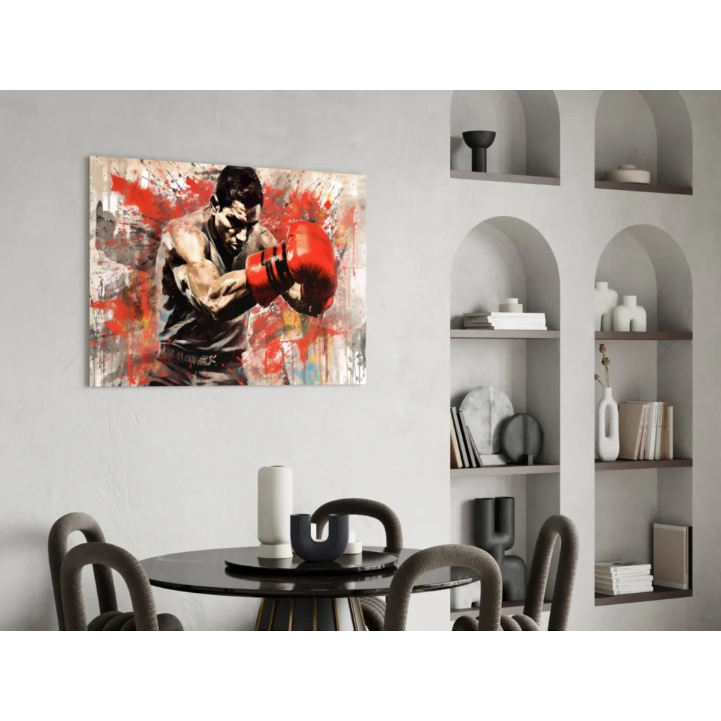 Vibrant red boxing glove wall art with muscular boxer in mid-punch
