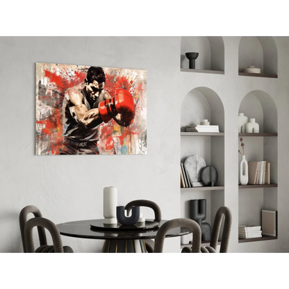 Vibrant red boxing glove wall art with muscular boxer in mid-punch