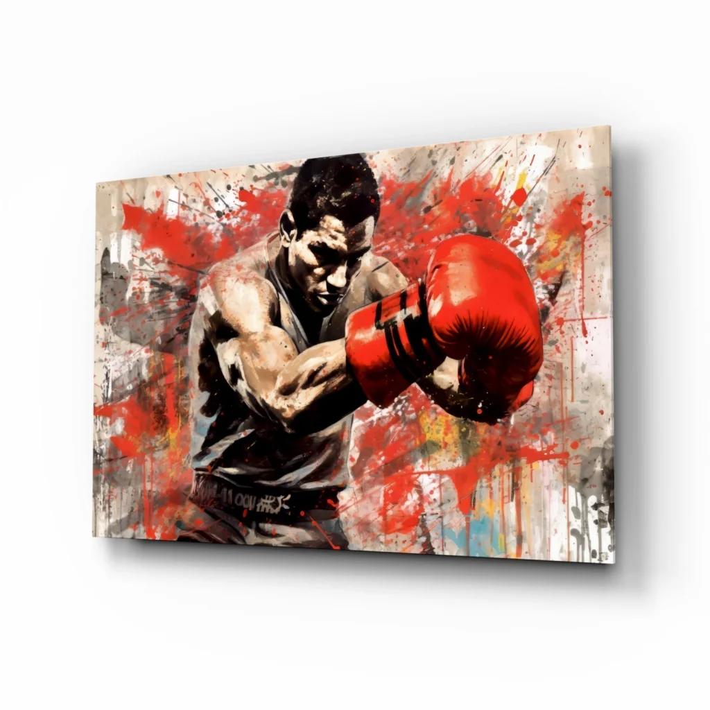 Vibrant red boxing glove wall art on canvas with black accents