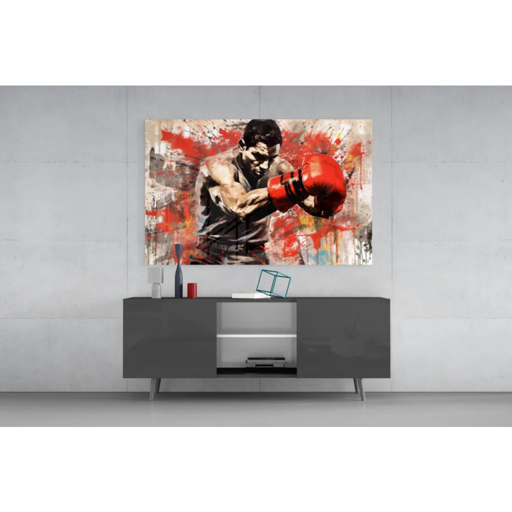 Vibrant red boxing glove wall art with muscular boxer mid-punch on canvas