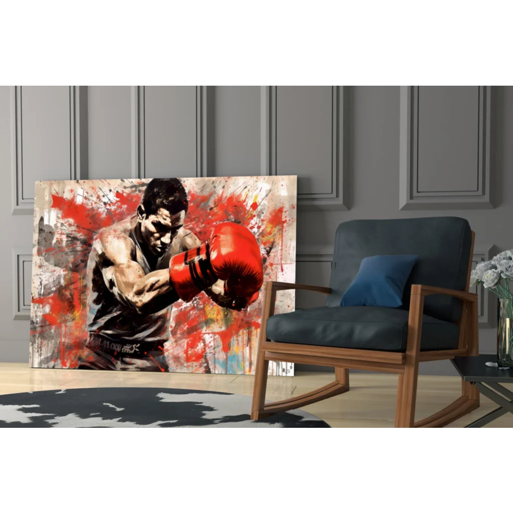 Vibrant red boxing glove canvas wall art with paint splatters