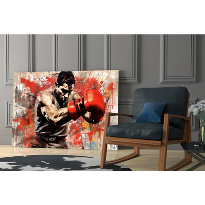 Vibrant red boxing glove canvas wall art with paint splatters