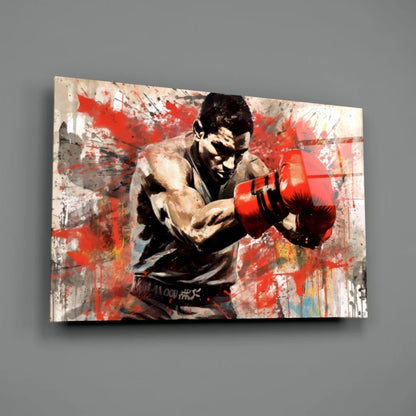 Vibrant red boxing glove canvas wall art with bold splatter paint effects