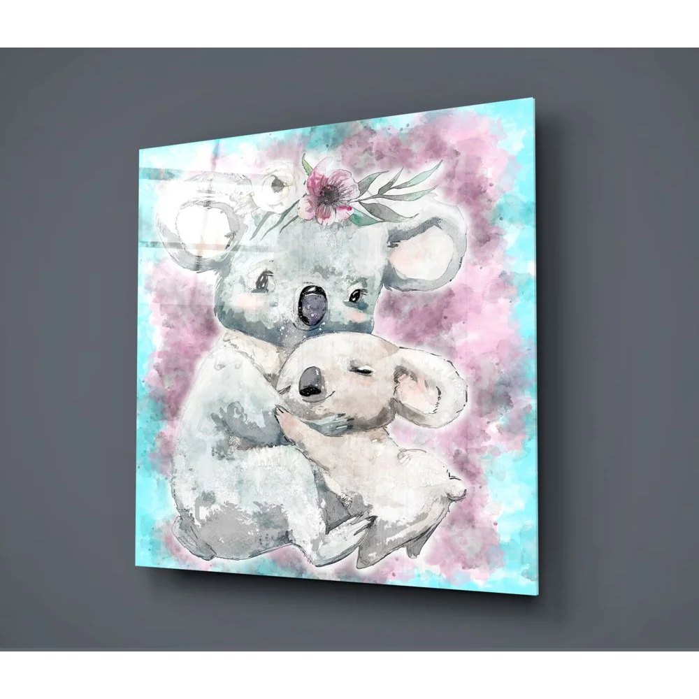 Adorable koala duo glass wall art in watercolor pastels