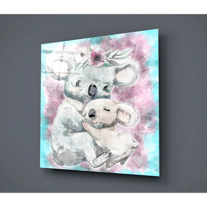 Adorable koala duo glass wall art in watercolor pastels