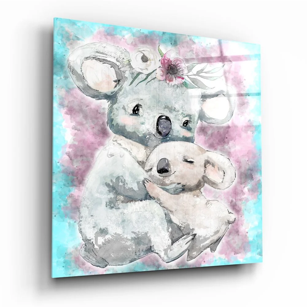 glass wall art Adorable koala duo glass wall art in pastel watercolor embrace