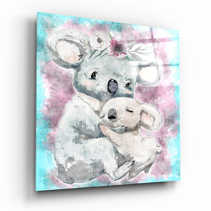 Adorable koala duo glass wall art in pastel watercolor embrace