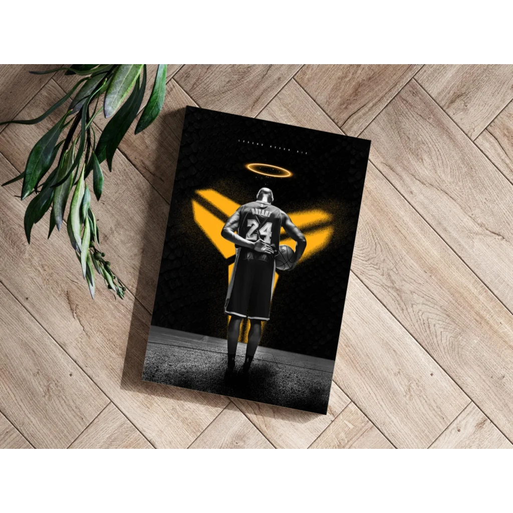 Kobe Bryant silhouette in #24 jersey with angel halo on black gold insigne aluminum print