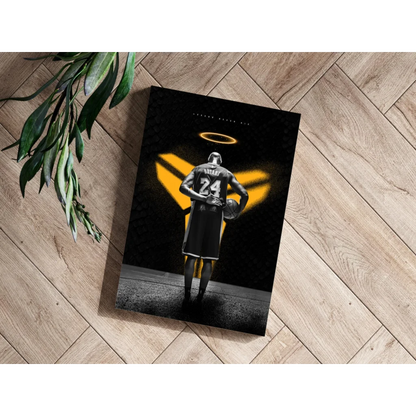 Kobe Bryant silhouette in #24 jersey with angel halo on black gold insigne aluminum print