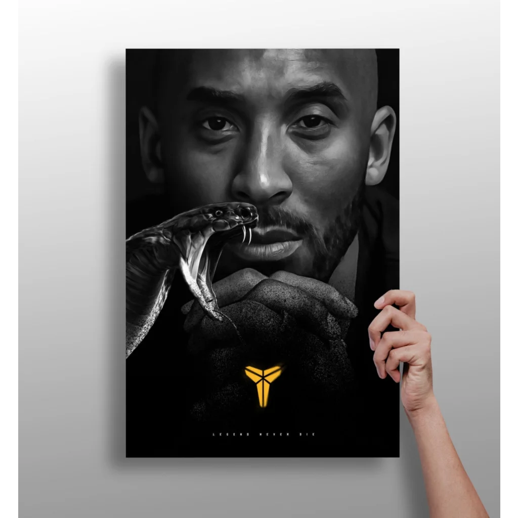 Black and white Kobe Bryant portrait with cobra on insigne aluminum print
