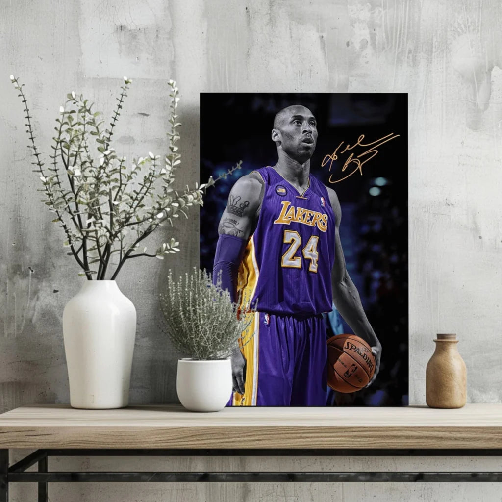 Kobe Bryant in purple gold Lakers #24 jersey on insigne aluminum prints home decor