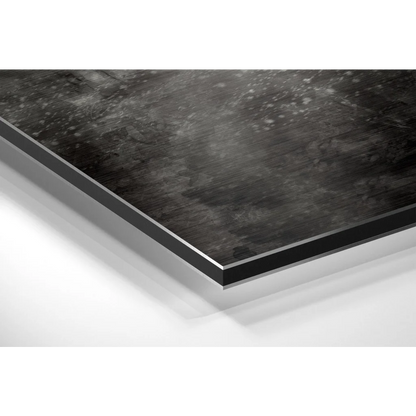 Brushed aluminium dibond black abstract wall art print with textured dark gray surface