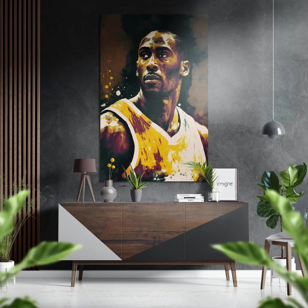 Vibrant Kobe Bryant Lakers portrait on brushed aluminium dibond print