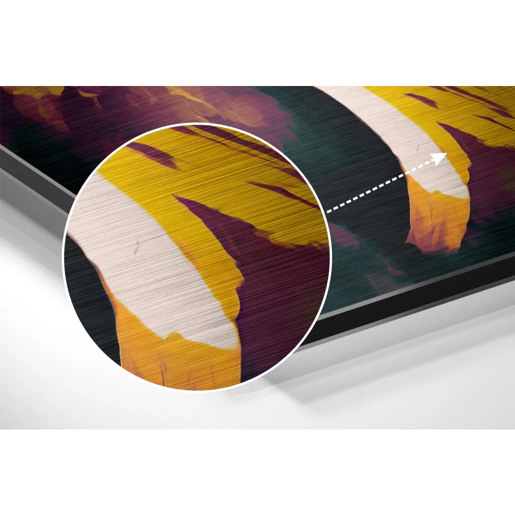 Vibrant abstract brushed aluminium dibond print with bold yellow, white, and purple strokes