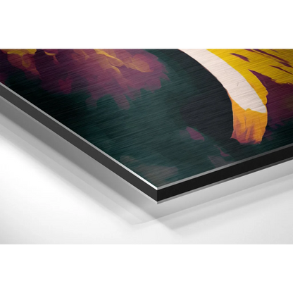Abstract vibrant purple yellow artwork on brushed aluminium dibond print