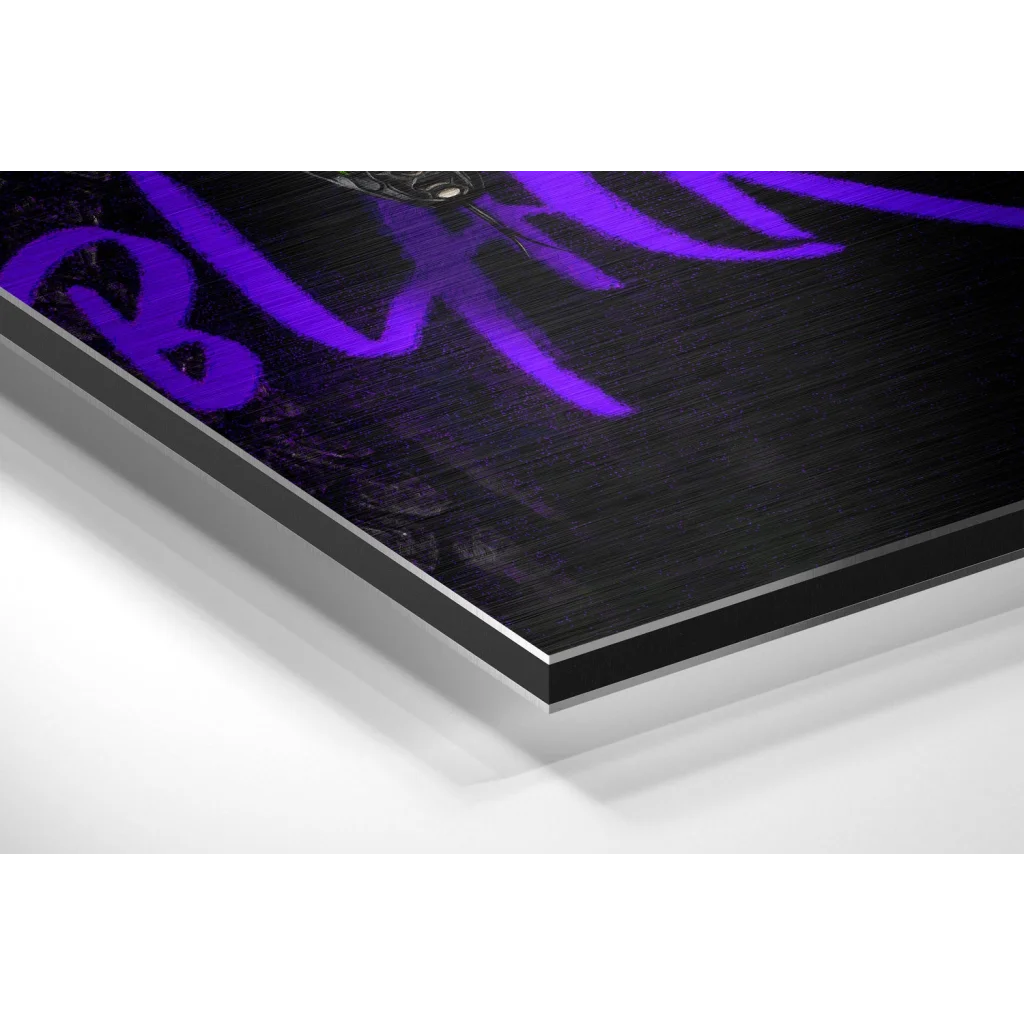 Glass Wall Art Black Mamba brushed aluminium dibond wall art with purple cursive lettering