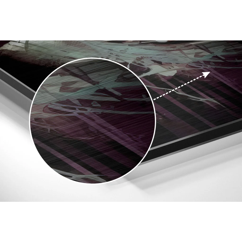 Bold purple teal abstract art on brushed aluminium dibond with textured stripes