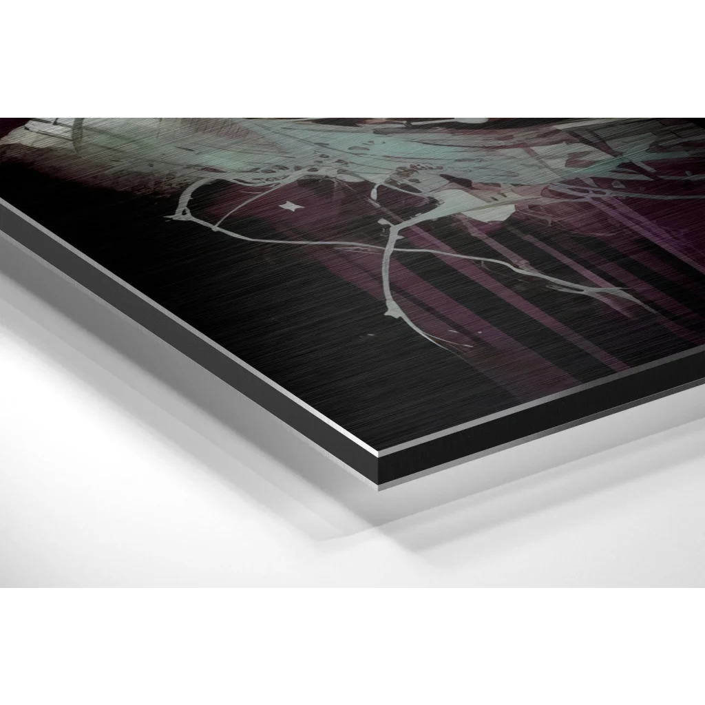 Glass Wall Art Bold purple teal abstract on brushed aluminium dibond