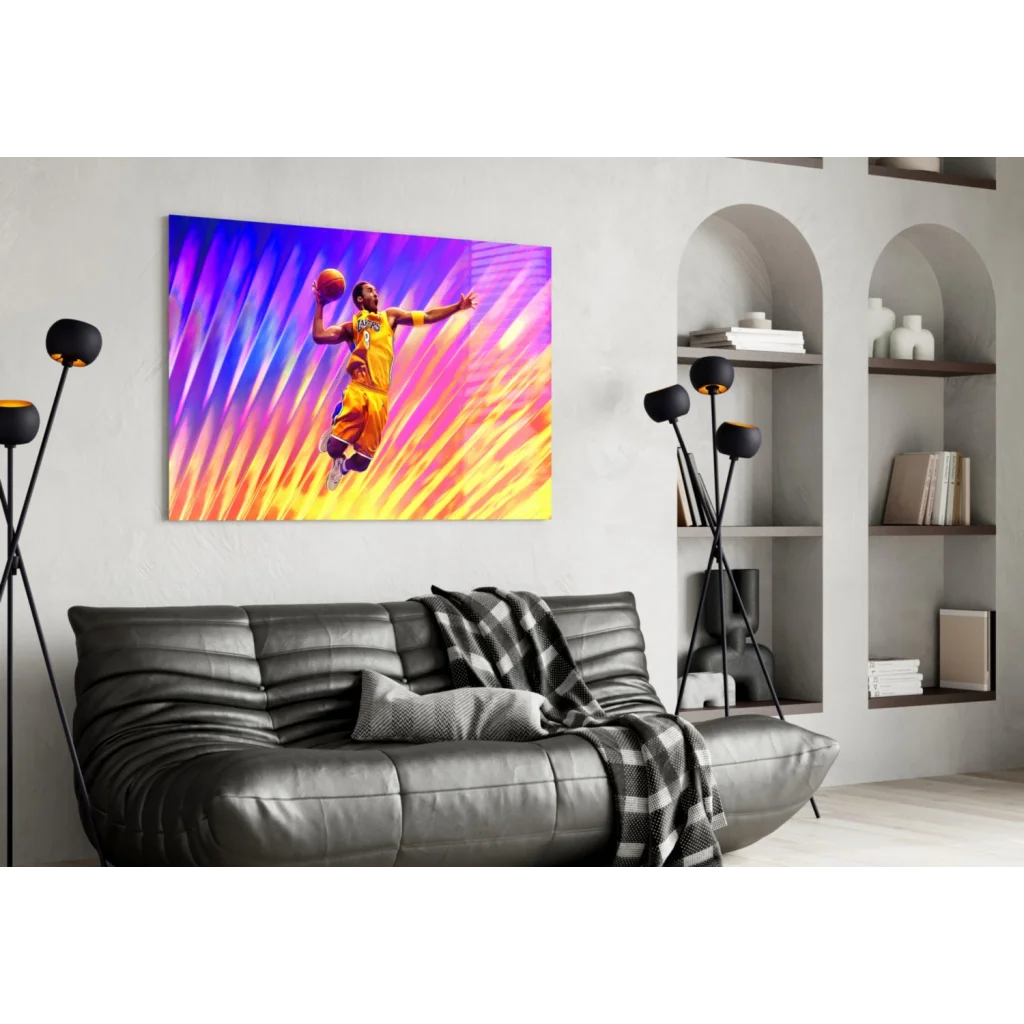 Kobe Bryant Lakers dunk wall art: vibrant mid-air basketball print