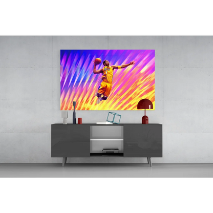 Vibrant Kobe Bryant Lakers dunk glass wall art with yellow jersey and colorful streaks