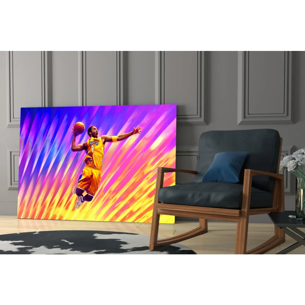 Kobe Bryant dunk canvas wall art with Lakers jersey and vibrant streaks