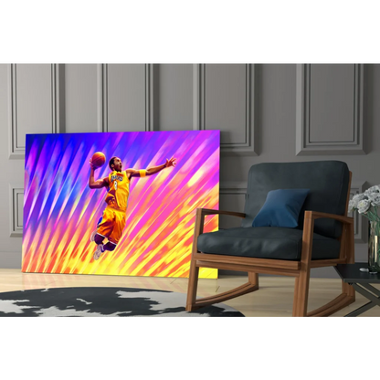 Kobe Bryant dunk canvas wall art with Lakers jersey and vibrant streaks