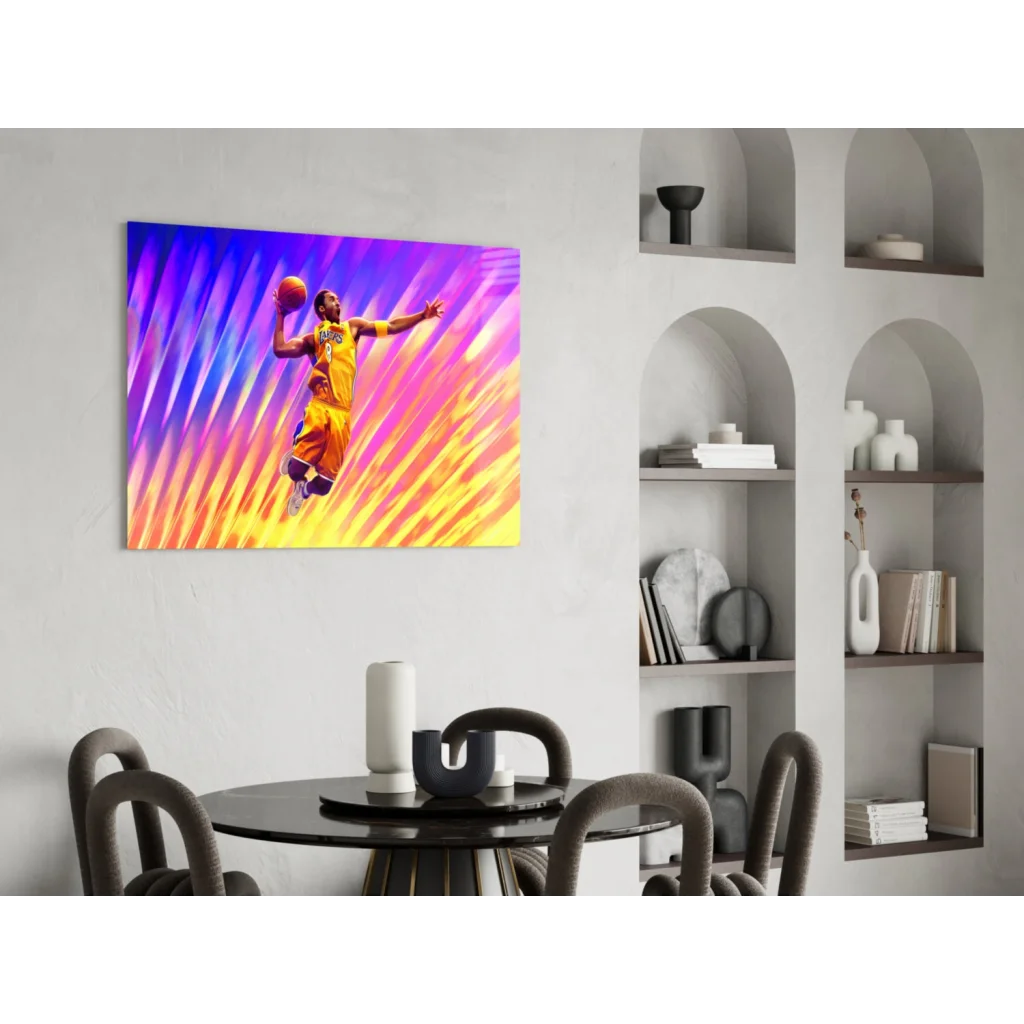 Kobe Bryant dunking in vibrant pop-art Lakers wall art canvas