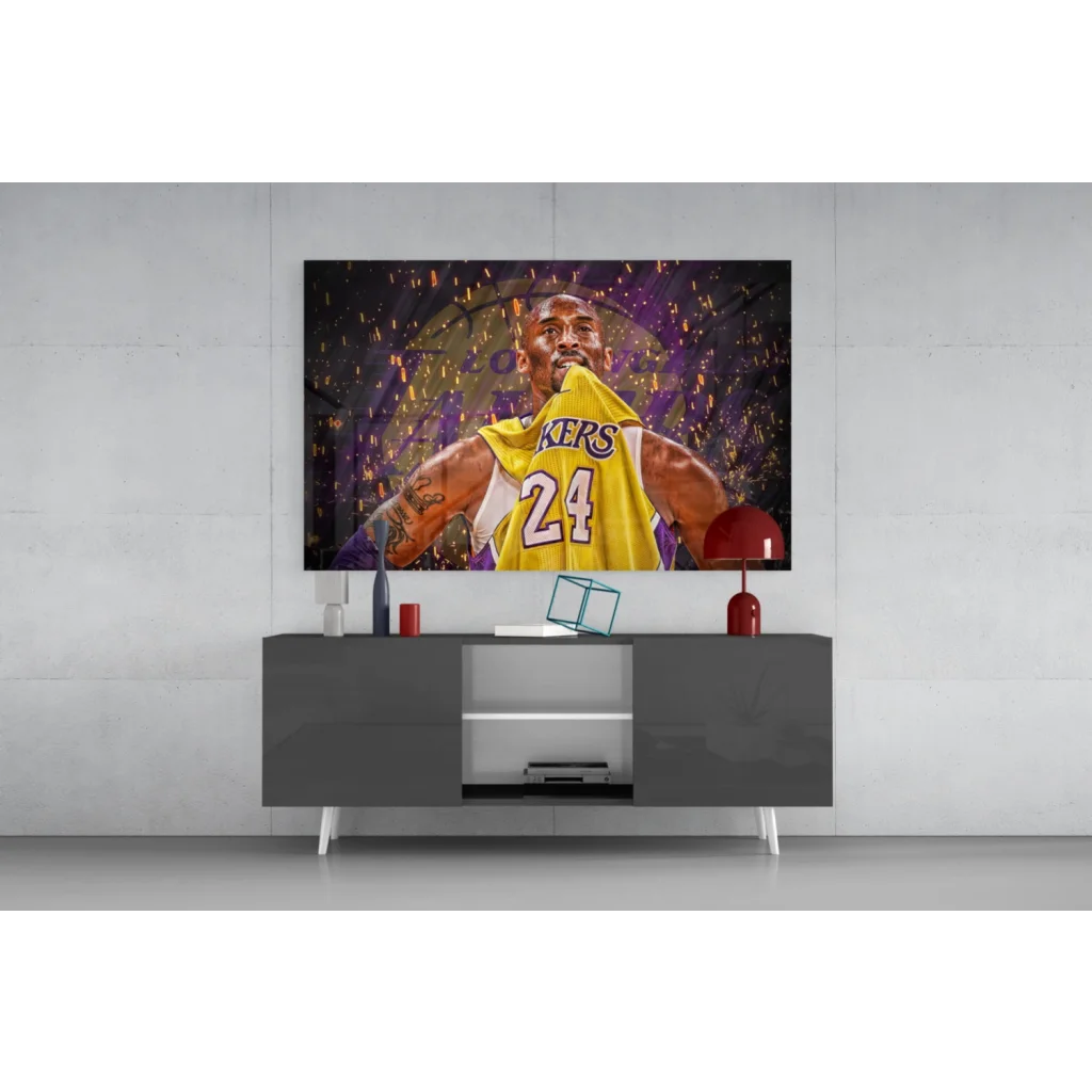 Kobe Bryant in yellow Lakers 24 jersey on vibrant purple gold wall art