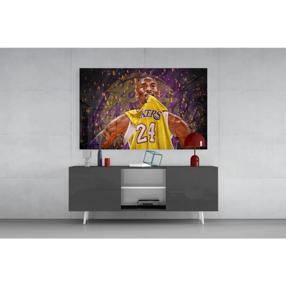 Kobe Bryant in yellow Lakers 24 jersey on vibrant purple gold wall art