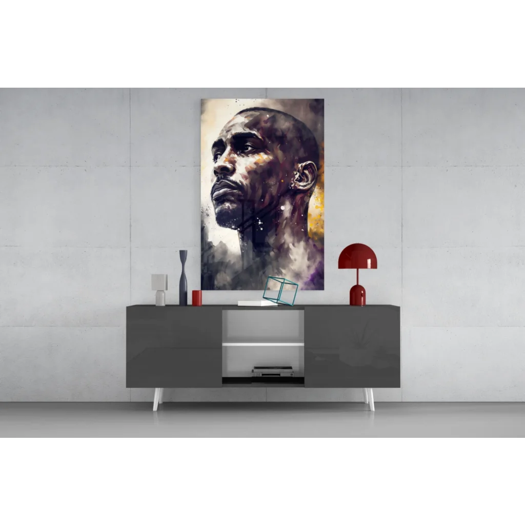 Striking watercolor man portrait in purples and golds as glass wall art