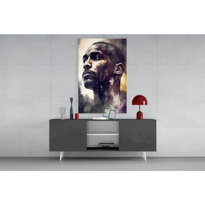 Striking watercolor man portrait in purples and golds as glass wall art