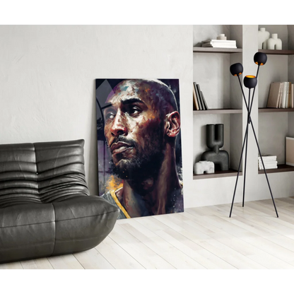 Vibrant Kobe Bryant watercolor portrait on Lakers glass wall art