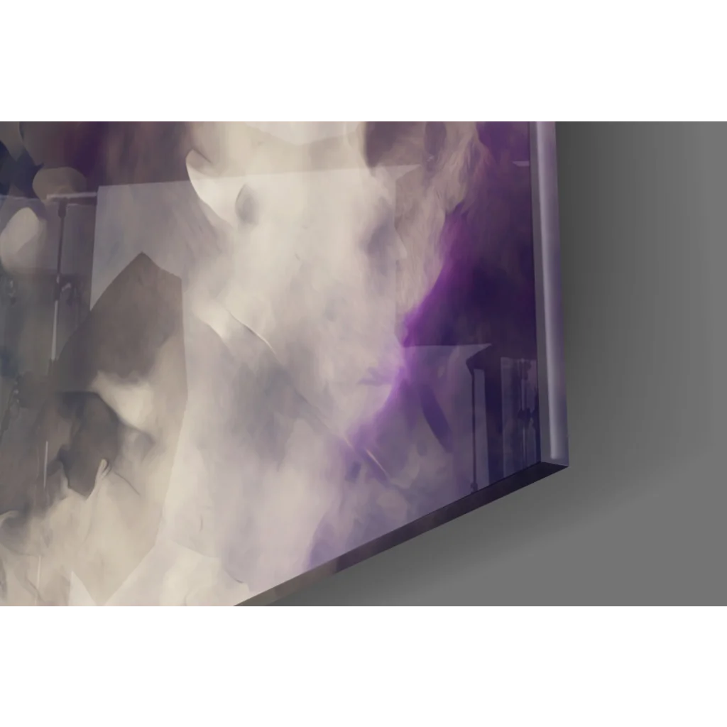 Modern glass wall art print with abstract purple and gray geometric design