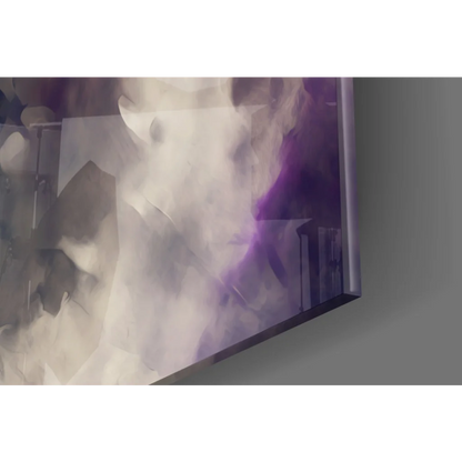 Modern glass wall art print with abstract purple and gray geometric design