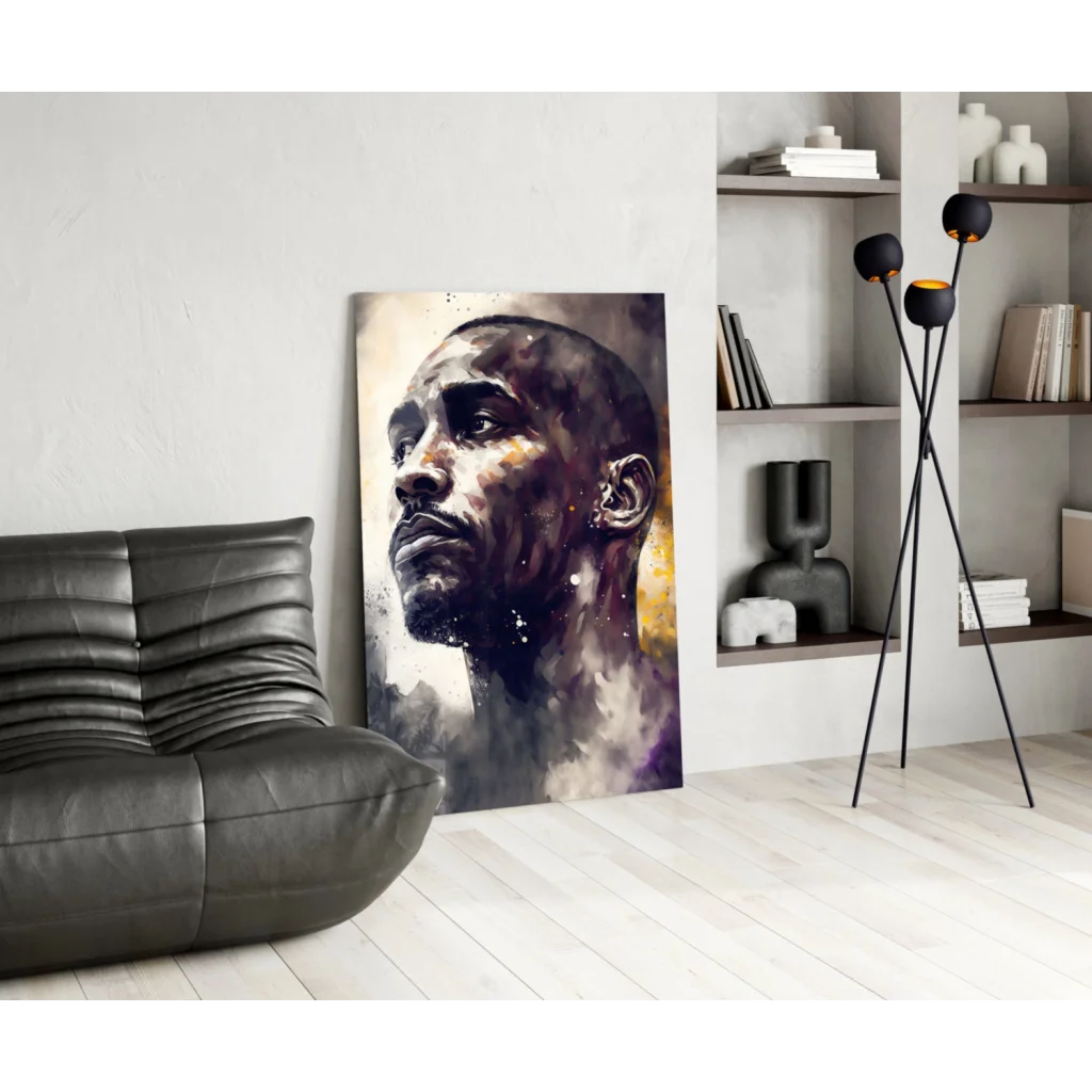 Striking black-and-white watercolor man’s portrait on glass wall art with gold and purple splashes