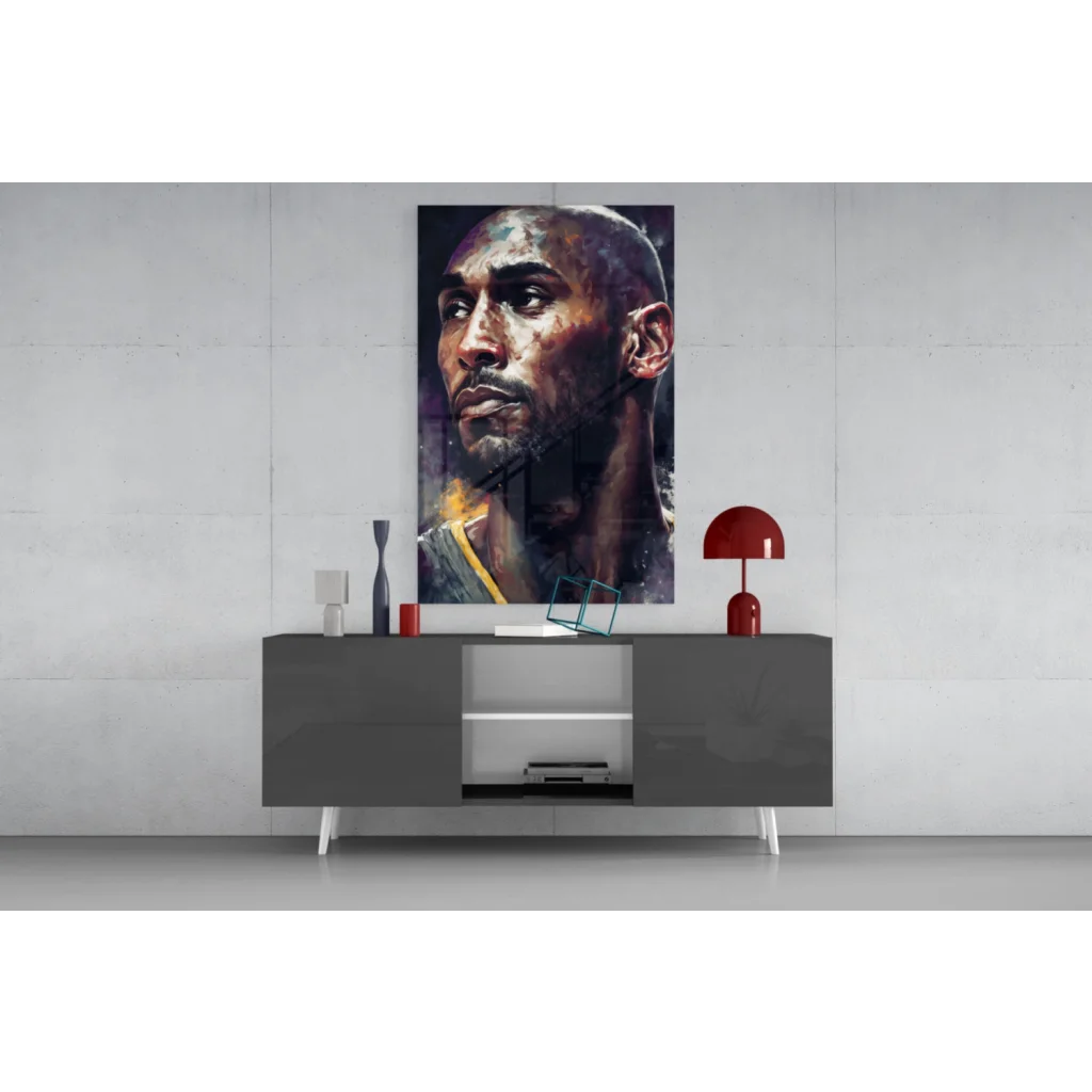 Vibrant Kobe Bryant watercolor portrait on Lakers glass wall art