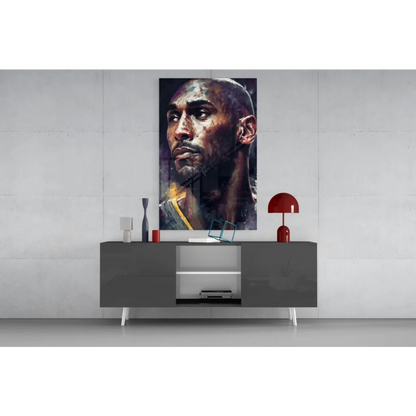 Vibrant Kobe Bryant watercolor portrait on Lakers glass wall art