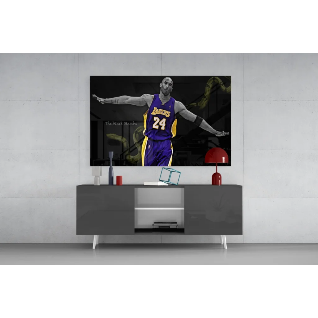 Kobe Bryant Lakers glass wall art with purple gold jersey 24 action portrait
