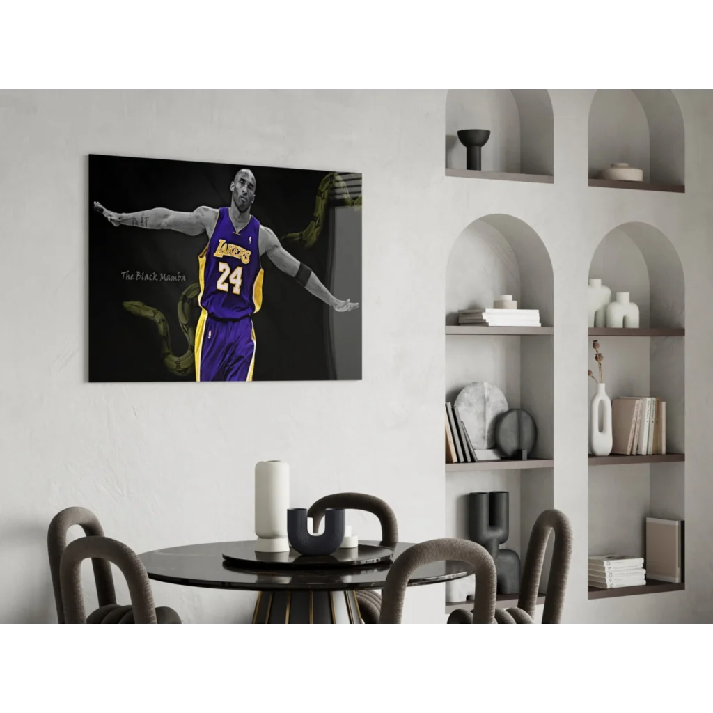 Kobe Bryant Lakers wall art print of purple gold jersey portrait on black canvas