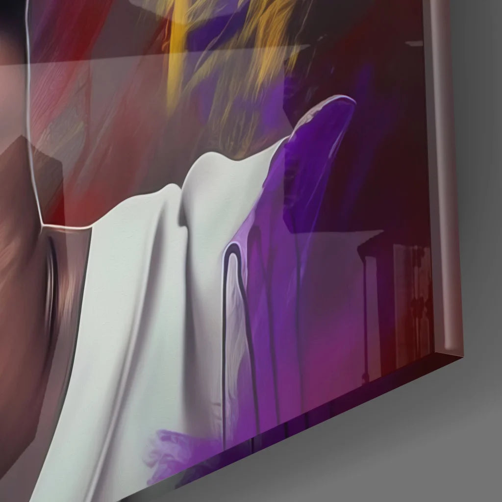 Kobe Bryant tempered glass art with crown, bold purple red yellow strokes