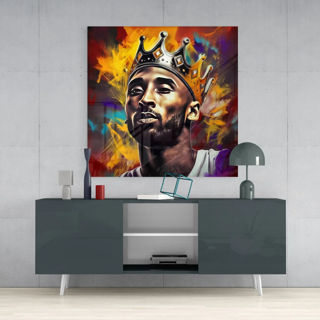 Vibrant Kobe Bryant glass art portrait with crown, bold yellow orange splashes