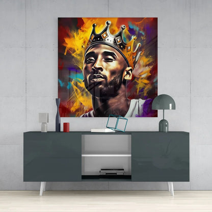 Vibrant Kobe Bryant glass art portrait with crown, bold yellow orange splashes