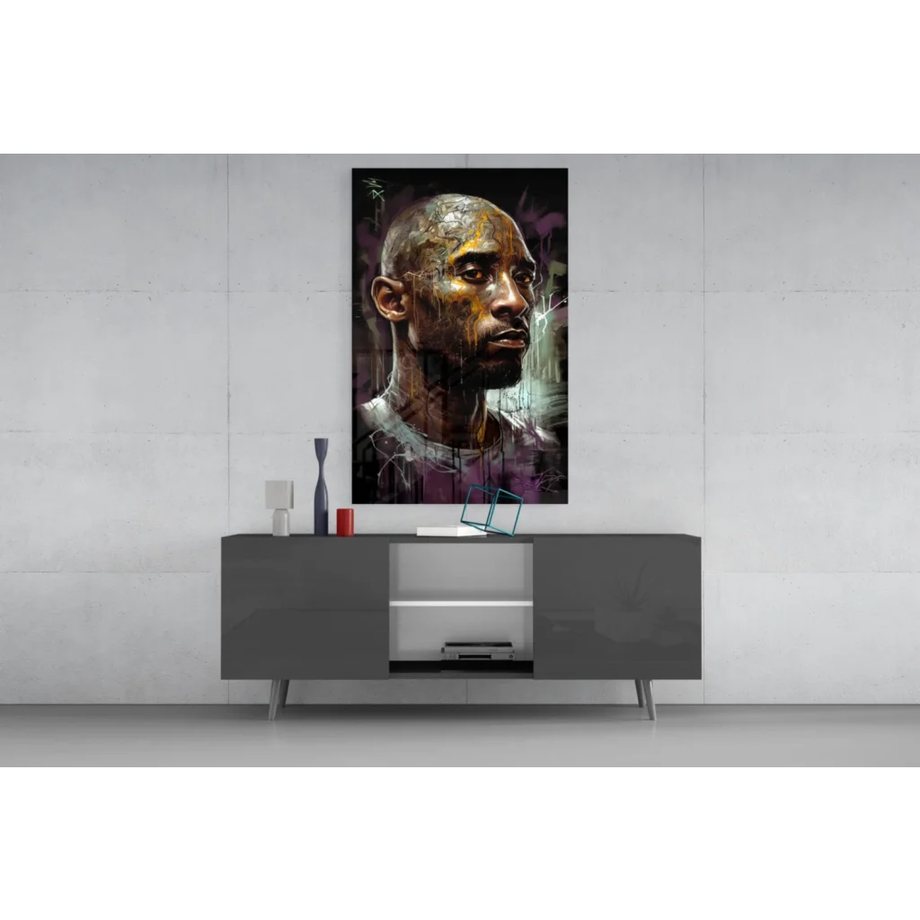 Kobe Bryant graffiti wall art in black gold above gray console