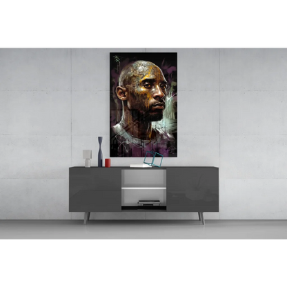 Kobe Bryant graffiti wall art in black gold above gray console
